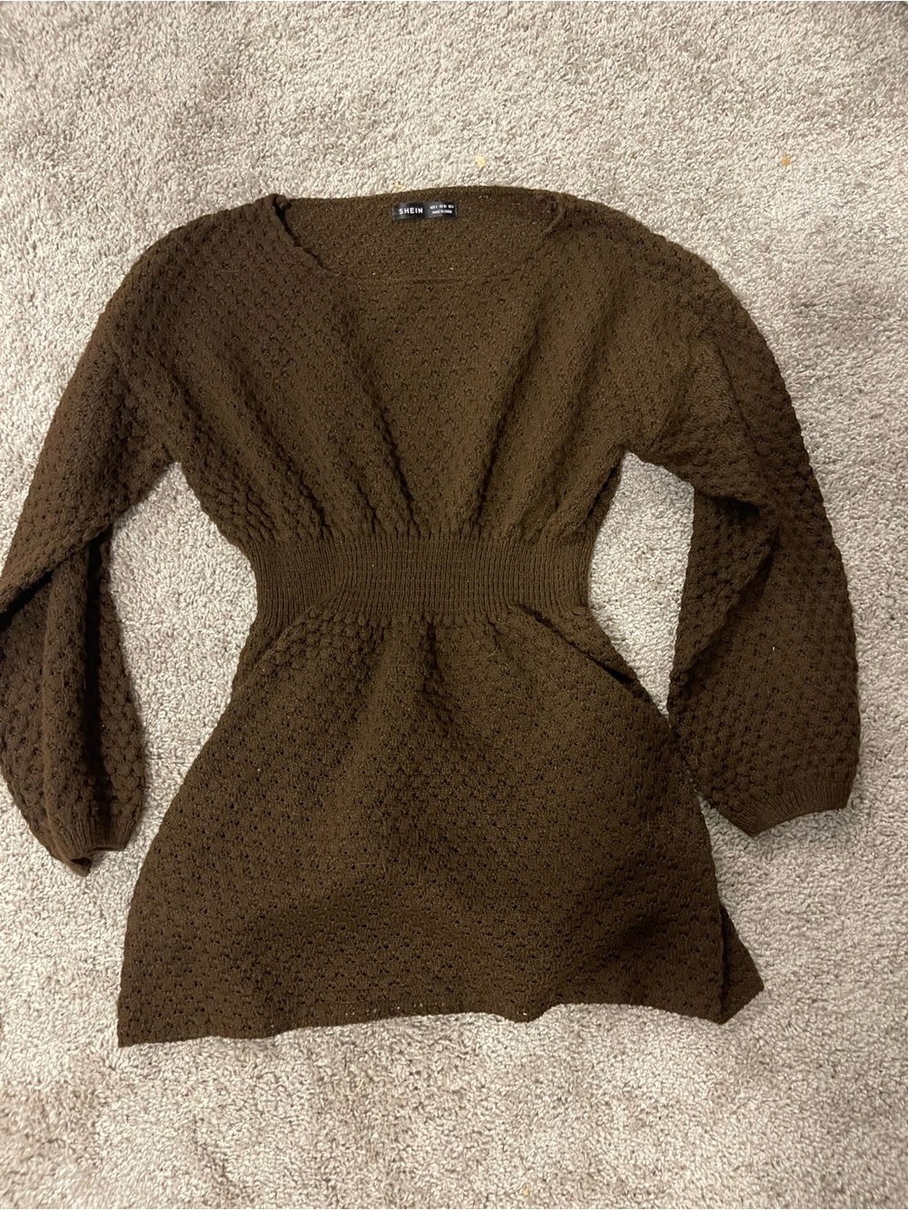 SHEIN Brown Long Sleeve Knit Waist-Defined Dress